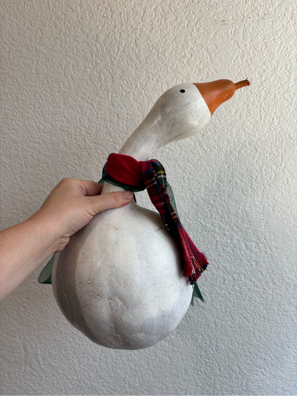 Handcrafted Gourd Goose Folk Art Decor White Goose Plaid Scarf Country Cottage